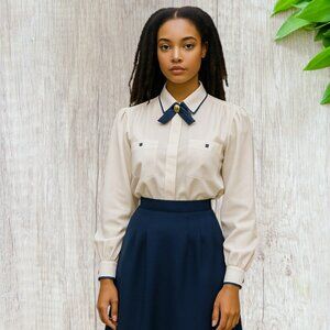 VINTAGE MICHELLE STUART -- Cream Blouse with Navy Trim/Navy Buttons/Navy Tie